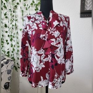 💚HP💚Karl Lagerfeld Paris Floral Pearl Button Down Ruffle Cinched Sleeve Blouse